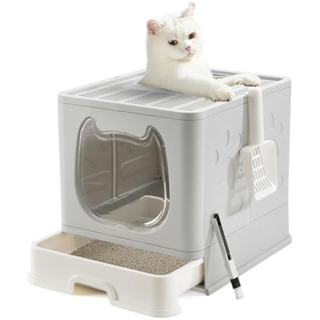 Pawsayes Cat Litter Tray Litter box with Lid for Medium and Small Cats, Foldable Top Entry Kitten Litter Box with Drawer Pan and Scoop