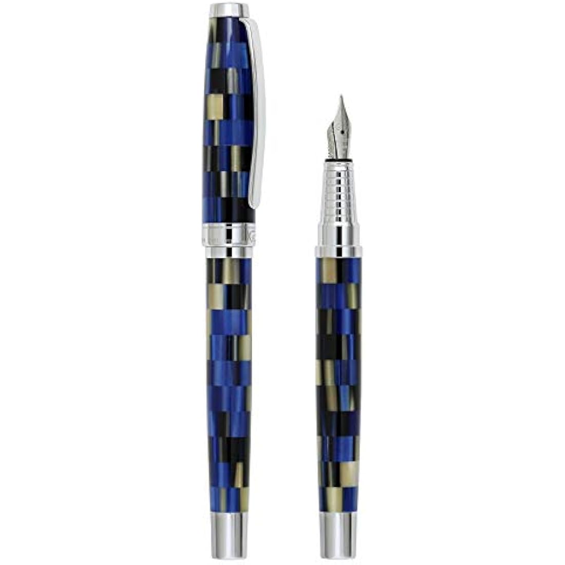 Xezo Urbanite Fountain Pen, Medium Nib. Retro Blue, Black, and Cream Colors with Chrome Plating. Limited Edition and Serialized. No Two Alike