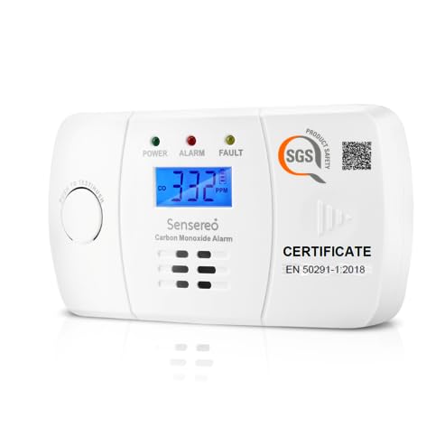 Sensereo Carbon Monoxide Detector by Figaro Sensor, 10-Year Life Carbon Monoxide Alarm for Home Safety, Replaceable AA Batteries Included, CO Detector