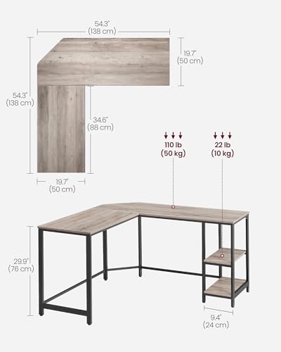 VASAGLE Computer Desk, L-Shaped Corner Desk, Gaming Desk, Workstation with 2 Storage Shelves for Home Office, Space-Saving, Easy to Assemble, Greige