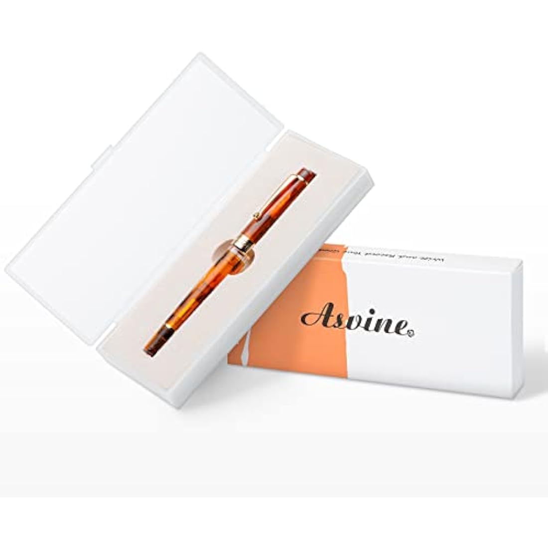 Asvine P20 Piston Fountain Pen Amber Resin, Iridium Extra Fine Nib Gold Trim Smooth Writer Collection with Case Set