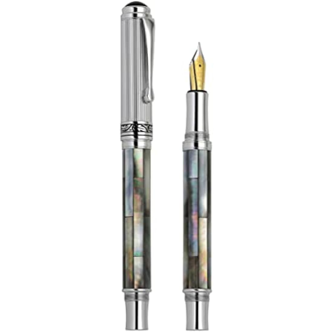Xezo Maestro Black Mother of Pearl Fountain Pen, Medium Nib. Chrome Plated. Handmade, No Two Pens Alike