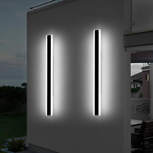 Mikeru 120cm Outdoor Wall Light, 2 Pack 42W 6500k Cold White Long LED Light, Modern Acrylic Aluminium Black Wall Sconce, IP65 Water Resistant, for Porch, Deck, Garden, Villa