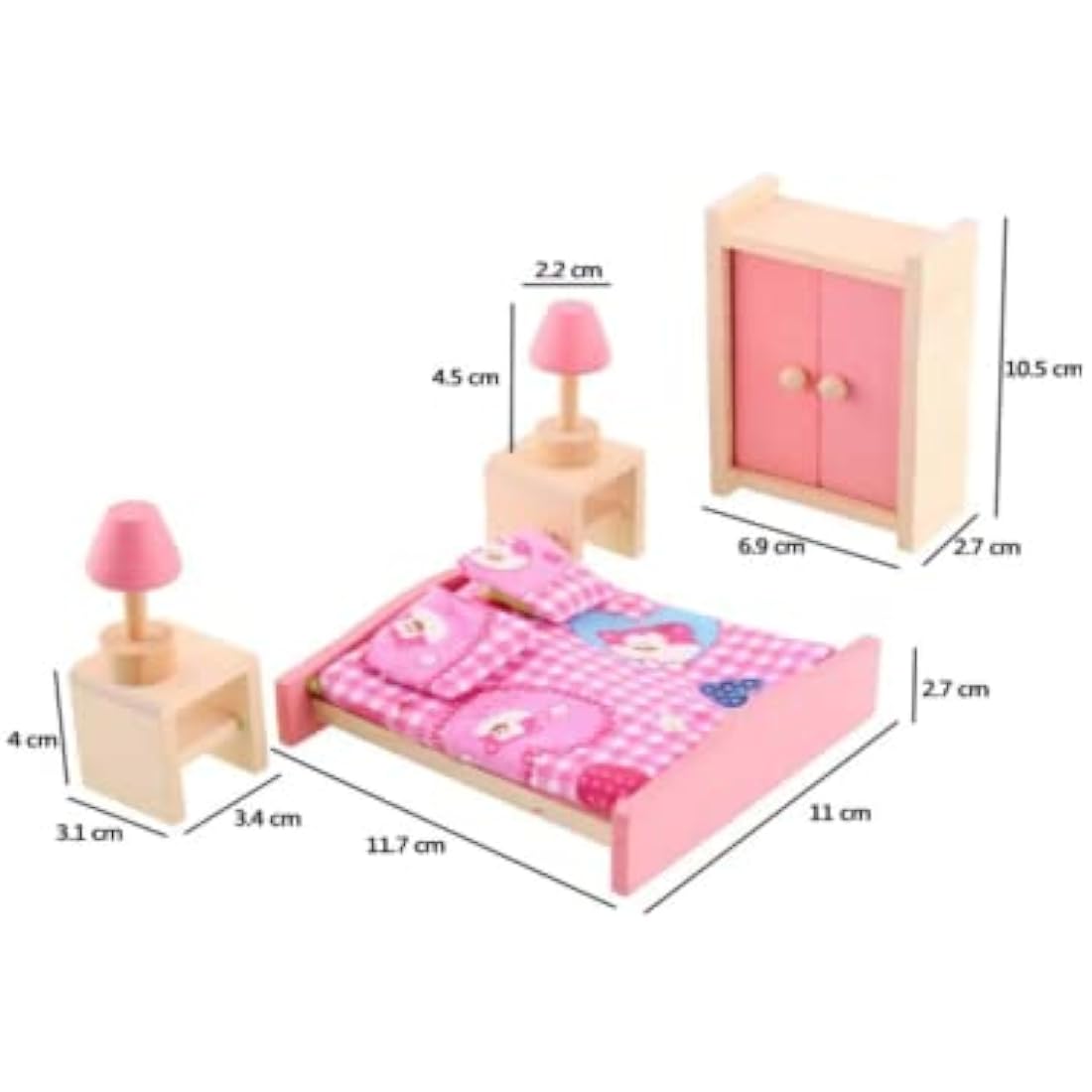 DecoBay Wooden Dollhouse Furniture - 6 Sets of Rooms, 7 Family Dolls - Bedroom, Kitchen, Bathroom, Living Room