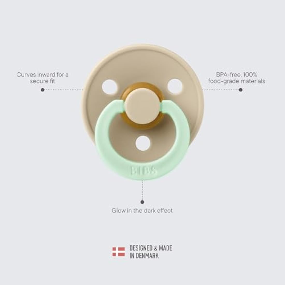BIBS Colour Glow Soother 2-Pack, Glow in The Dark BPA Free Dummy Pacifier, Round Nipple. Natural Rubber Latex, Size 3 (18+ Months), Sage Night/Cloud Night