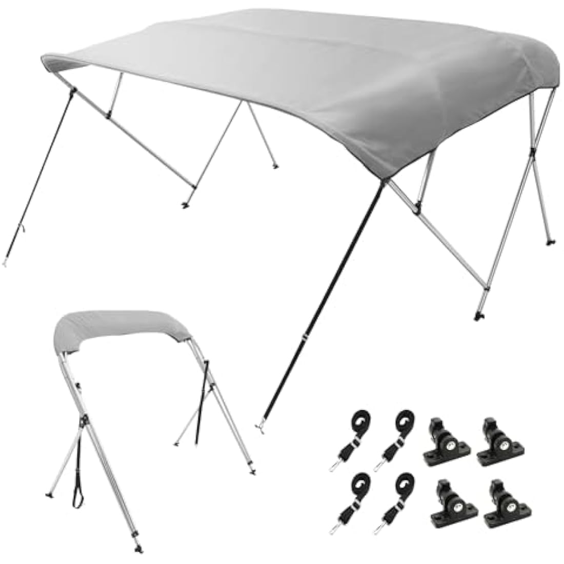 VEVOR 4 Bow Bimini Top Boat Cover, 900D Polyester Canopy with 1" Aluminum Alloy Frame, Waterproof and Sun Shade, Includes Storage Boot, 2 Support Poles, 4 Straps, 8'L x 54"H x 91"-96"W, Light Grey