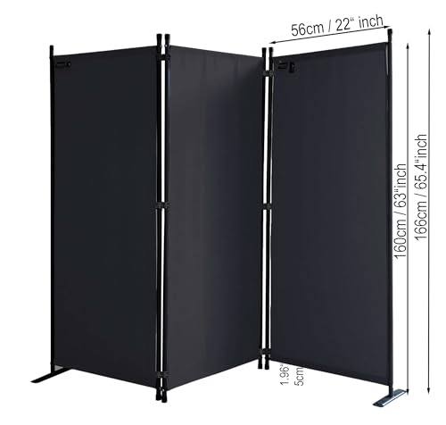 Paravent 170 x 165 cm Fabric Room Devider Garden 3-Part Patrition Wall Foldable Balcony Privacy Screen Black