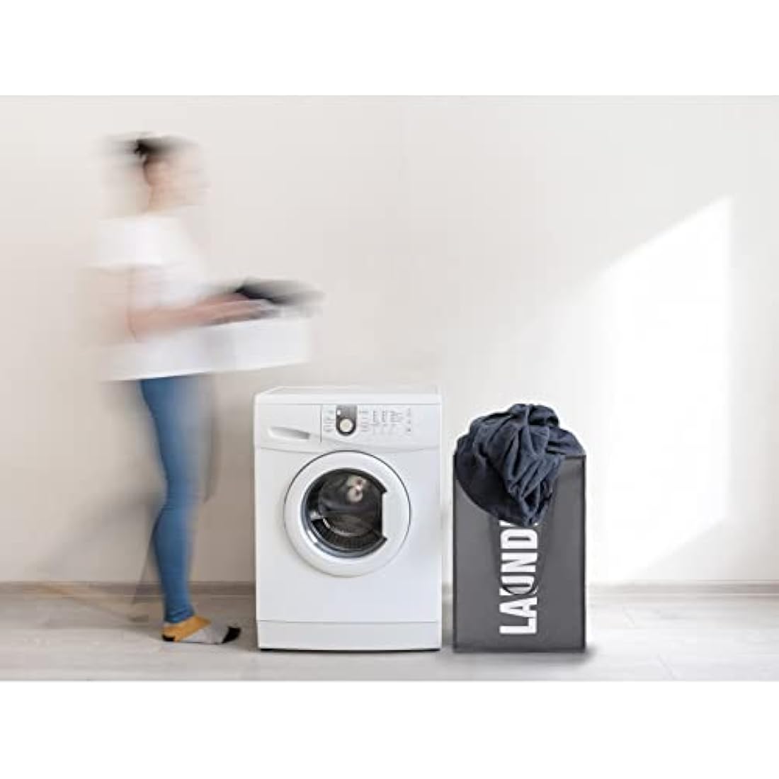 Maxsilan 50L Laundry Basket with Extended Handle, Collapisable Laundry Bag, Foldable Laundry Hamper, Folding Washing Storage Bin, Dark Grey