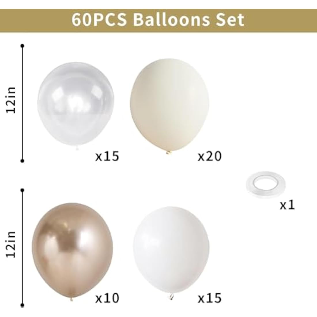 Nude White Gold Balloons, 60PCS Metallic Champagne Gold Cream White Clear balloon White Sand Blush Beige Transparent Party Balloons for Birthday Boho Wedding Anniversary Engagement Hen Decorations