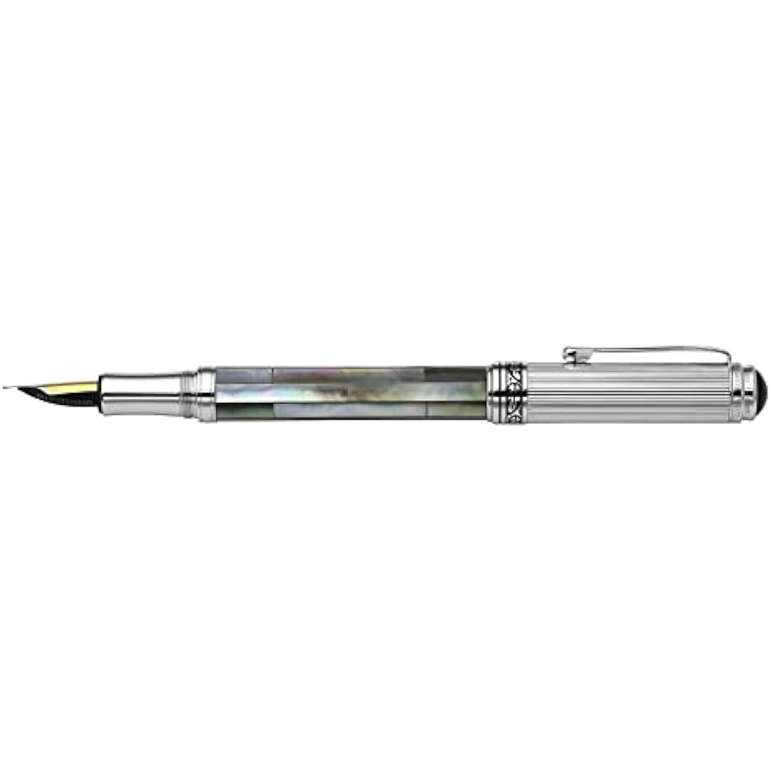 Xezo Maestro Black Mother of Pearl Fountain Pen, Medium Nib. Chrome Plated. Handmade, No Two Pens Alike