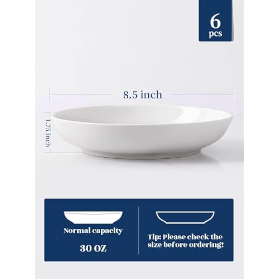 Y YHY 8.5'' Pasta Bowls Set of 6, 30 oz/880 ml Porcelain Salad Bowl, Large Ceramic Soup Bowl, Deep Plates, Serving Dishes for Salad Pasta, Soup, Fruit, Microwave & Dishwasher Safe, White
