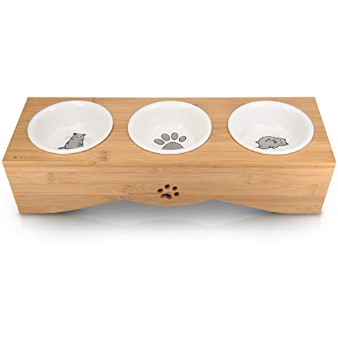 Navaris Raised Cat Bowls - Elevated Triple Cat Food Bowl Feeder - Ceramic Feeding Dishes with Bamboo Stand - 3 Dish Feeding Station Set with Printed Designs