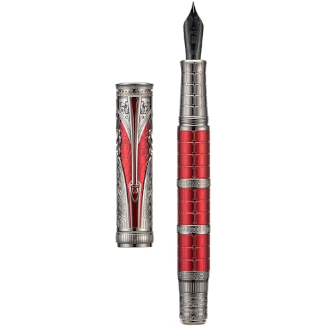 Hongdian D5X Fountain Pen Red Color Extra Fine Nib, Qin Dynasty Retro Chinese Totem Engraving Smooth Writing Pen with Converter and Pen Box Set