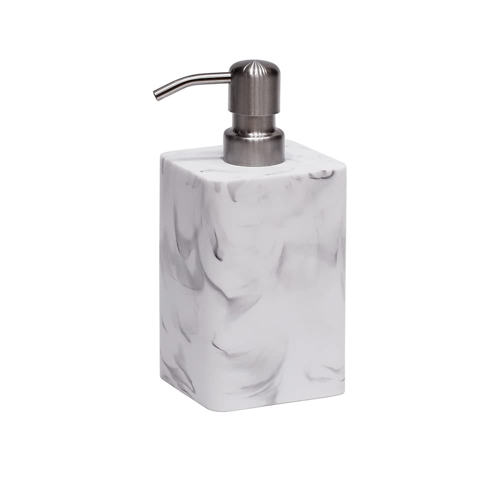 White Marble Style Soap&Lotion Dispenser for Bathroom/Kitchen Sink Refillable Liquid Hand Pump Dish Soap Bottle with Silver Rust-Proof Pump Resin