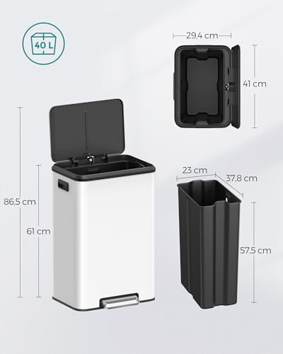 Songmics Kitchen Bin, 40L Pedal Bin with Lid, Rubbish Bin for Waste, Soft Close and Stays Open, Wide Pedal, White LTB541W4002