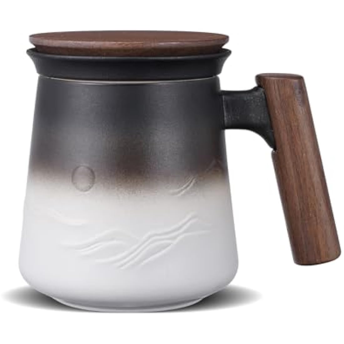 ZENS Tea Mug with Infuser and lid for Loose Tea, 430 ML Embossed Ceramic Tea Cup with Strainers for for Hot Tea Diffusers, Wood Handle Loose Leaf Tea Mug Tea Accessories for Tea Lovers Gifts