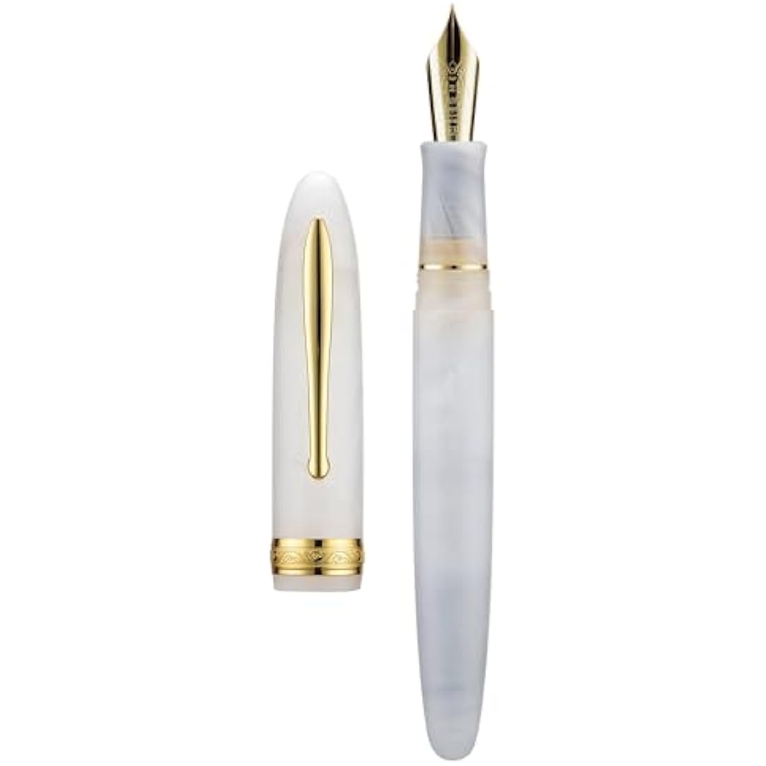 Hong Dian N9 Fountain Pen, Long Leaf Medium Point Gold Ornaments, Jade White and Acrylic Design with Converter and Metal Feather Box Set