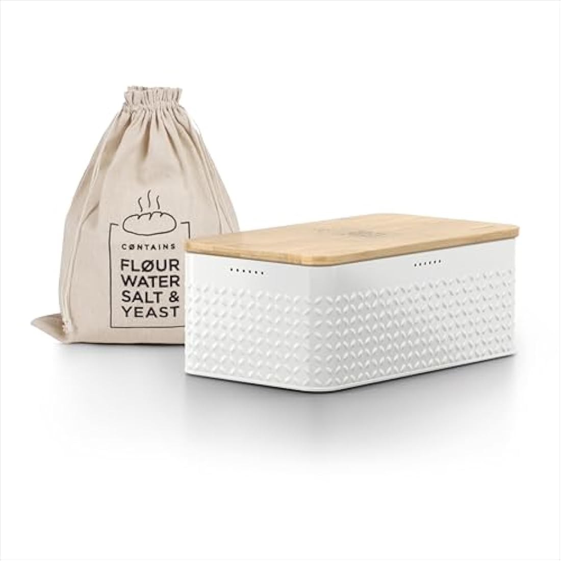 LARS NYSØM Bread Bin I Metal bread box with linen bread bag for long lasting freshness I Bread bin with bamboo lid usable as cutting board I 13.4x7.3x5.3 In (Pure White)