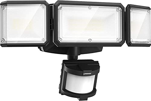 LEPOWER Battery Powered LED Flood Light Outdoor,1500LM Motion Sensor Security Lights,5000K, IP65 Waterproof,Wireless Flood Light Battery Operated,3 Head Motion Detector Lights for Garage,Yard,Porch