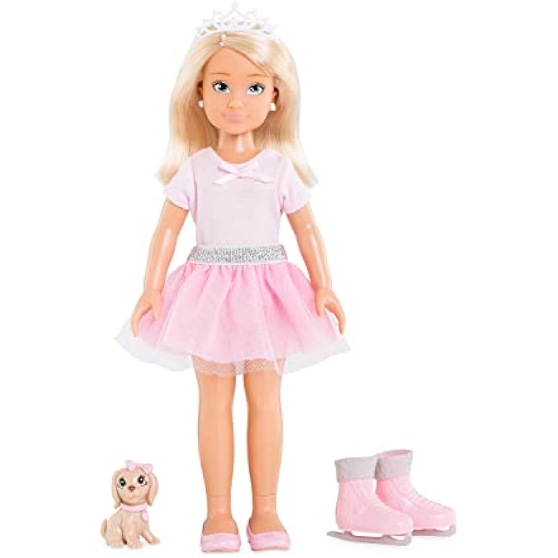 Corolle 9000600010 Girls Valentine Ballerina Set, Dressing Doll with Dog, with Crown, Earrings and Extra Ice Skates, 28 cm Toy Doll with Vanilla Fragrance, from 4 Years