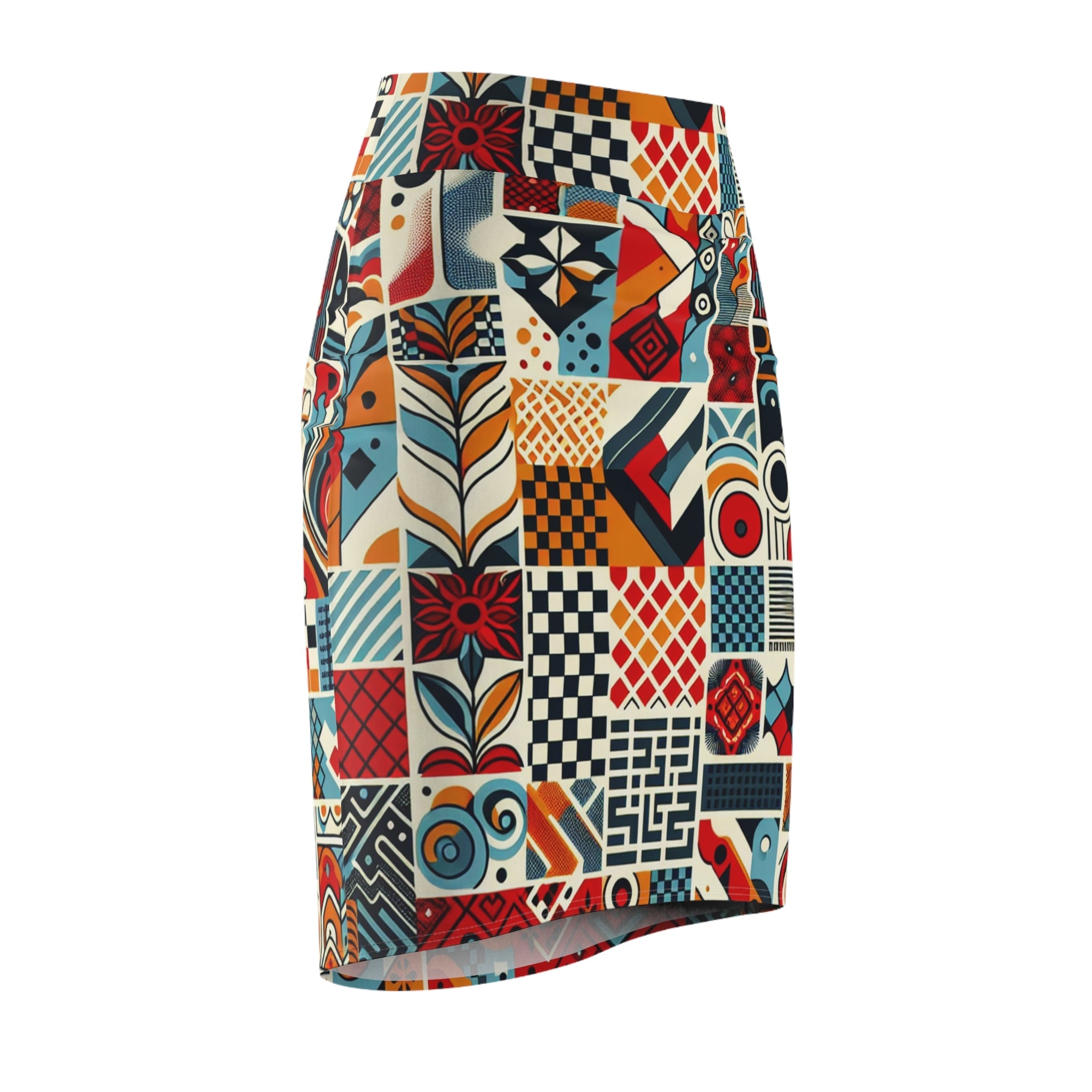 Elara Stirling - Vibrant Red Checkerboard Pencil Skirt with Organic Shapes and Quality Comfort