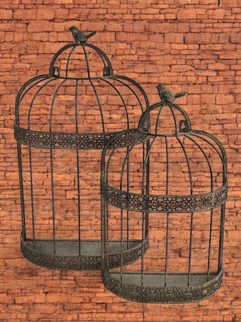 48/60CM SET 2 FLOWER BASKET BIRD CAGE WALL MIRRORS