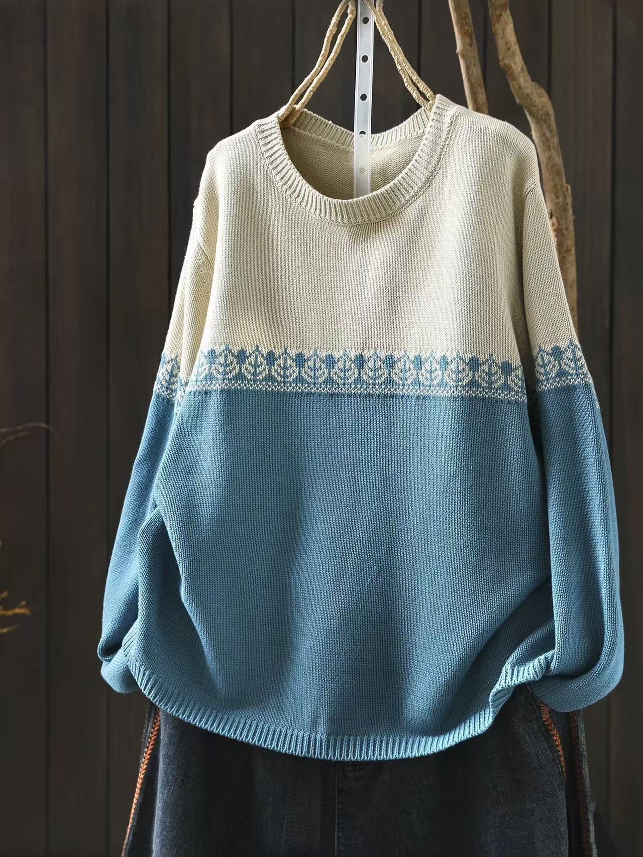 Crew-neck Preppy-style Cotton Knit Sweater Loose And Casual