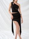 Oblique Shoulder Hollow Irregular Pleated Top Diagonal Strap Skirt Suit