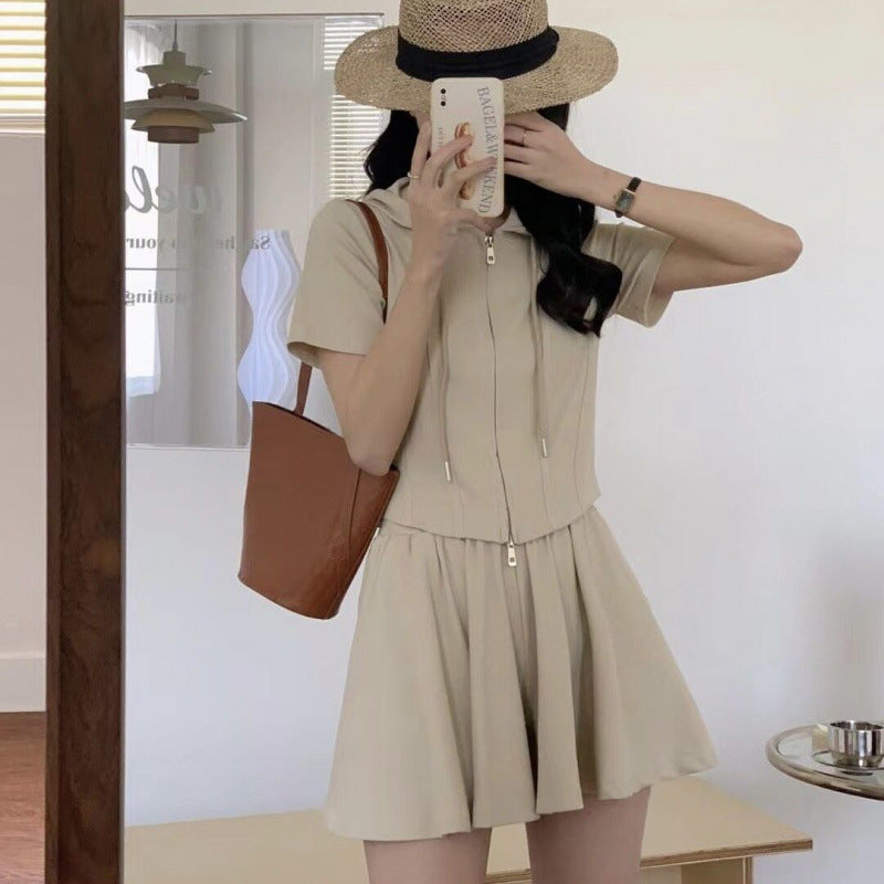 Stylish Commuter Design Hooded Two-Zipper Short-Sleeve Culotte Two-Piece Set