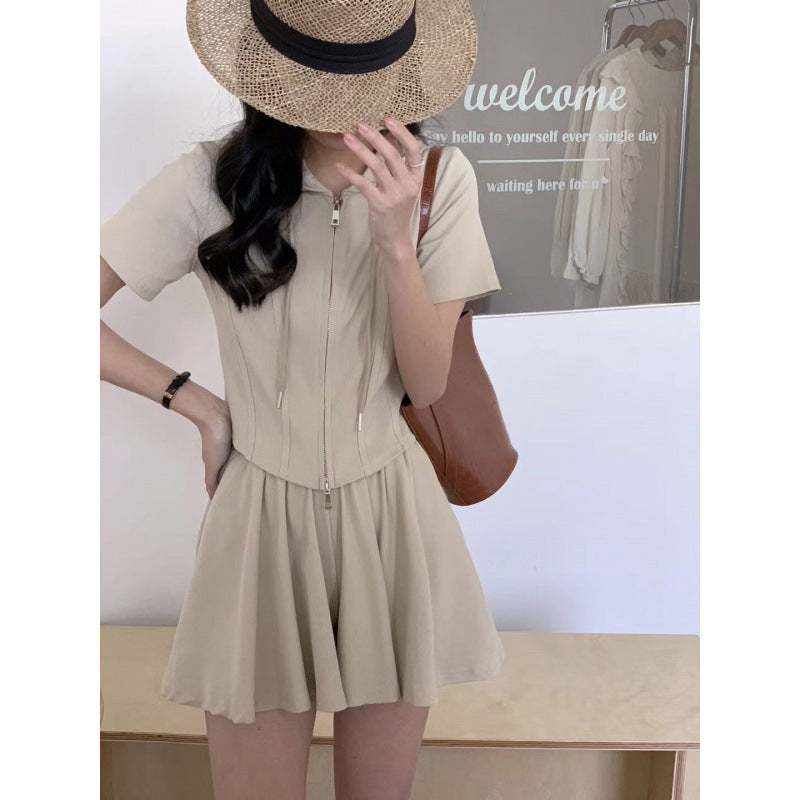 Stylish Commuter Design Hooded Two-Zipper Short-Sleeve Culotte Two-Piece Set
