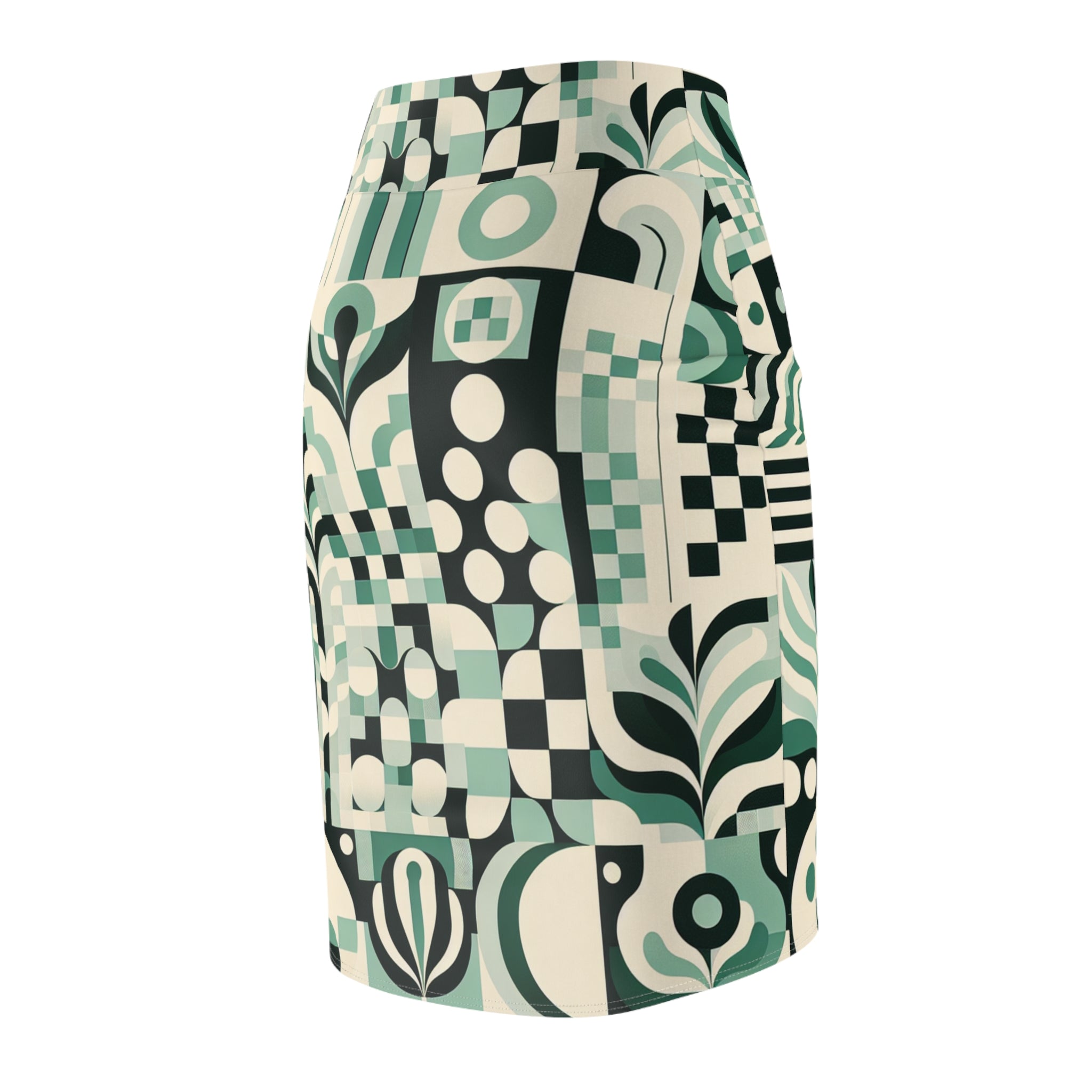 Daria Bellucci Pastel Green Pencil Skirt with Unique Checkerboard and Block Print Patterns