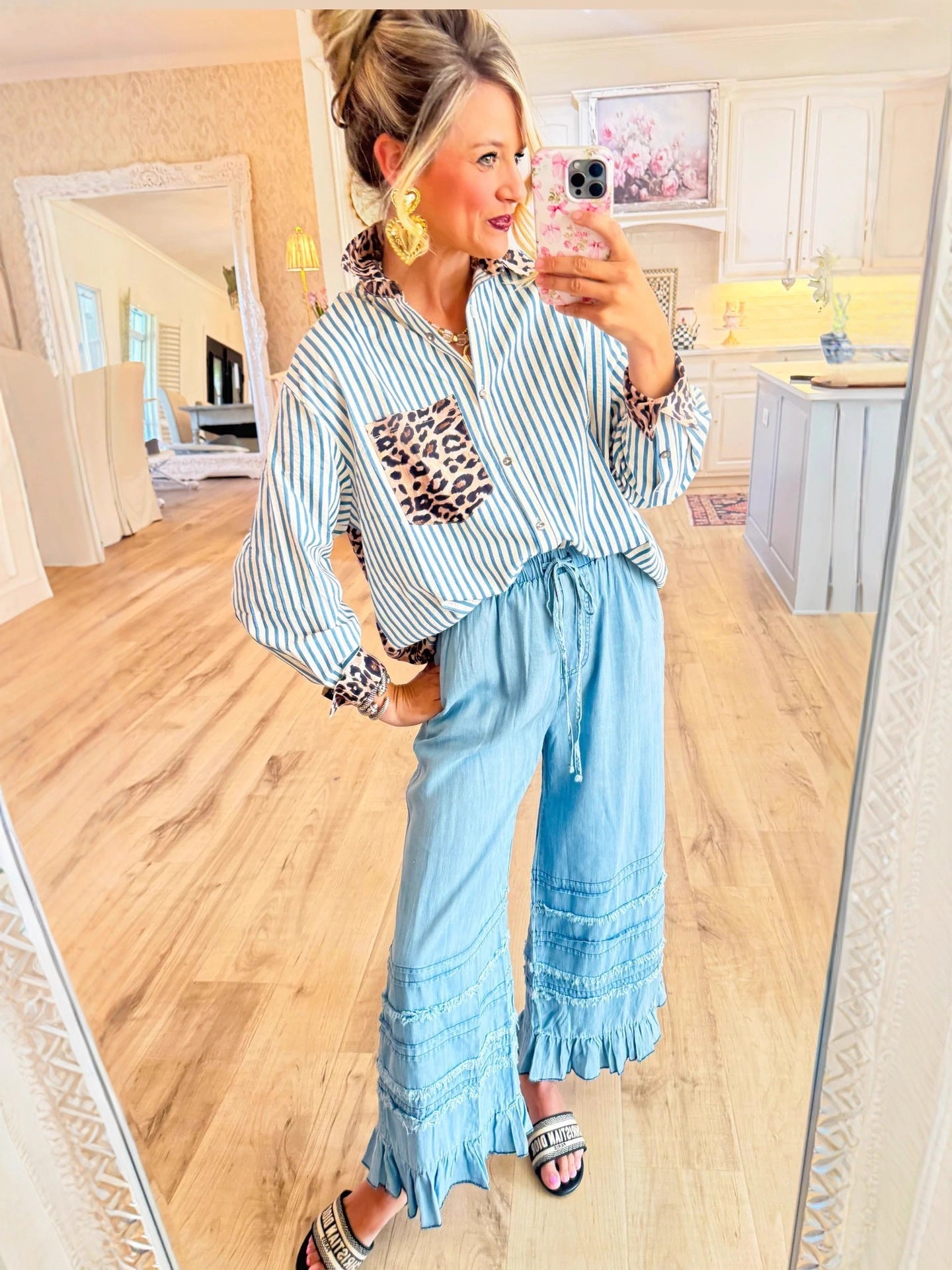 Fashionable Casual Versatile Long-sleeve Leopard-print Patchwork Cardigan Striped Shirt