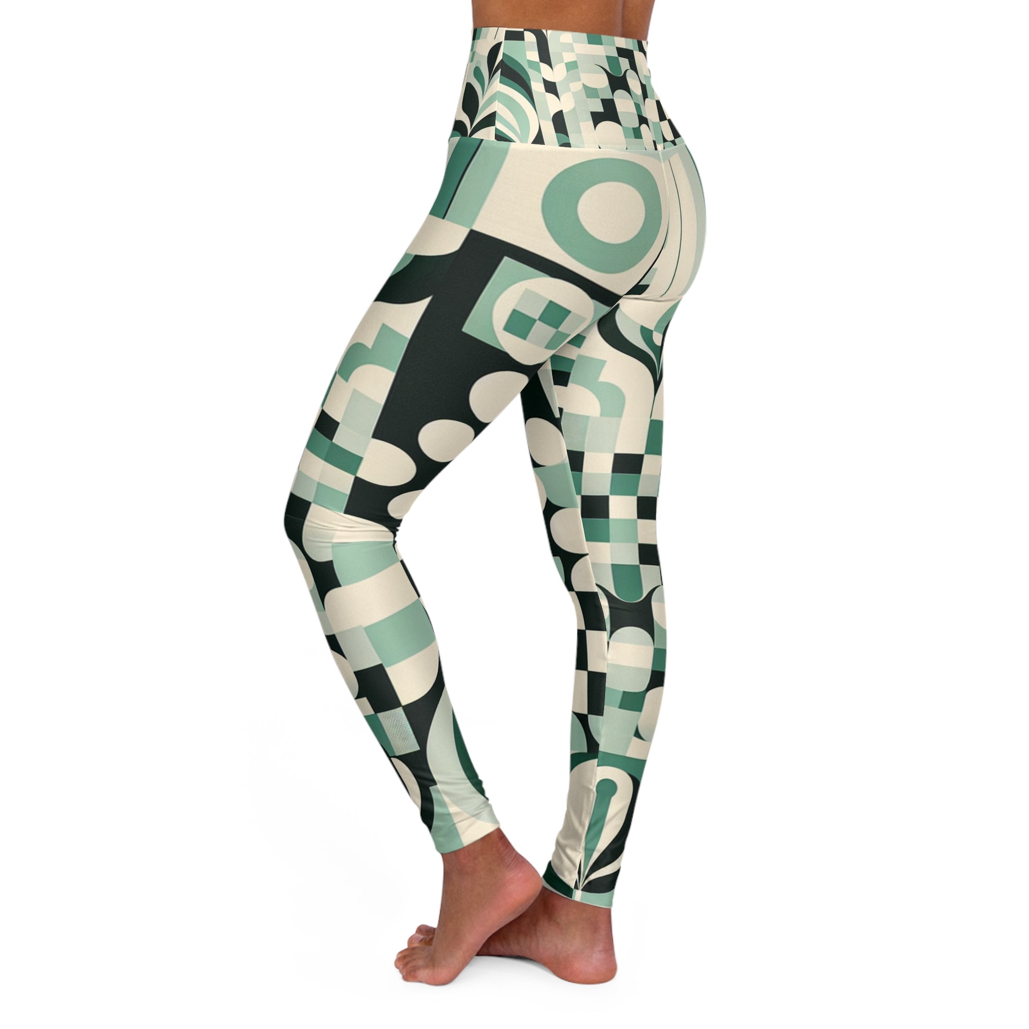 Daria Bellucci Pastel Green Modern Pattern High-Waisted Leggings with Checkerboard Print
