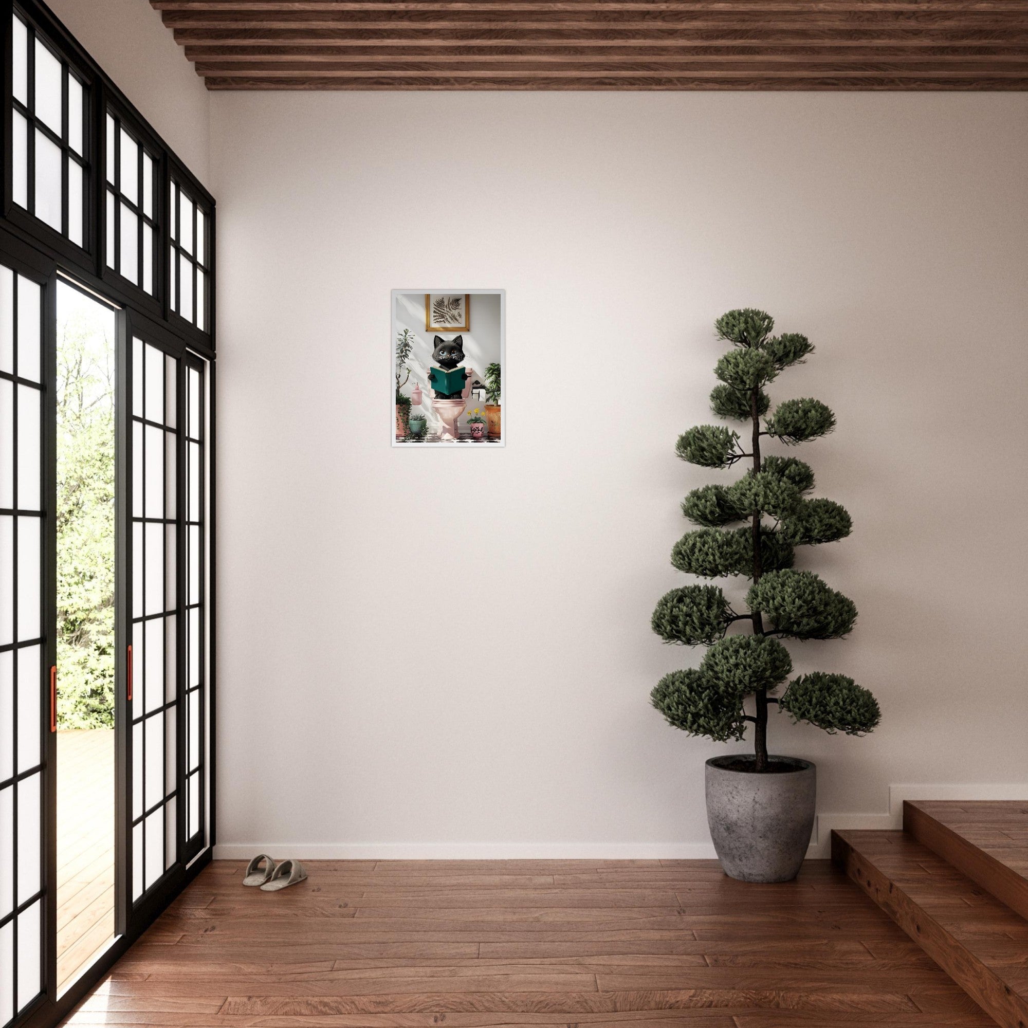 Framed Black Cat Poster – Quirky Bathroom Art with a Humorous Twist