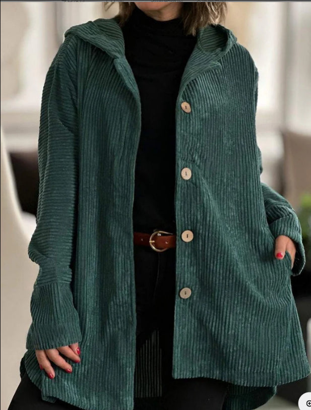 Women's Corduroy Hooded Jacket Fashion Warm Pockets Button Mid-length Top Casual Fall Winter Outwear Clothing