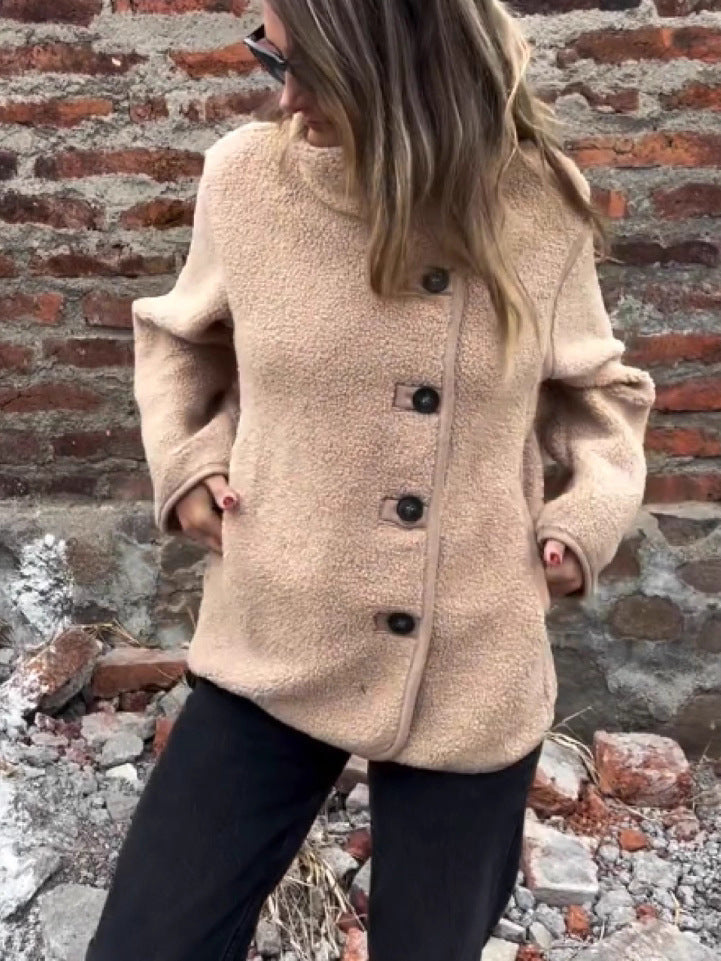 Button Furry Coat Lapel Button Loose And Warm Fleece Shirt