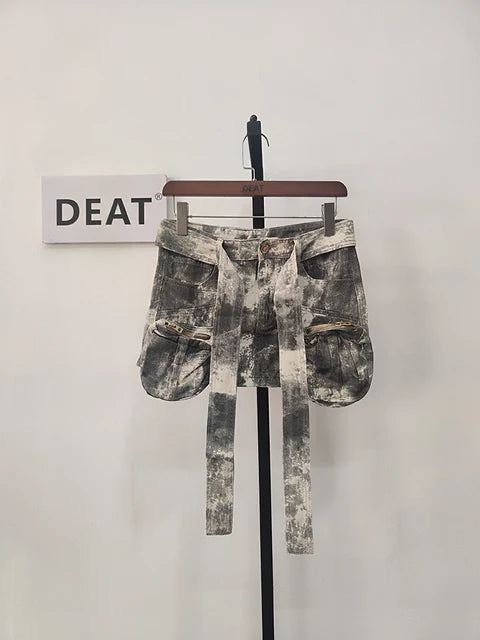 DEAT Women's Distressed Denim Skirt with Lace-Up Belt and Camouflage Design for Spring 2024