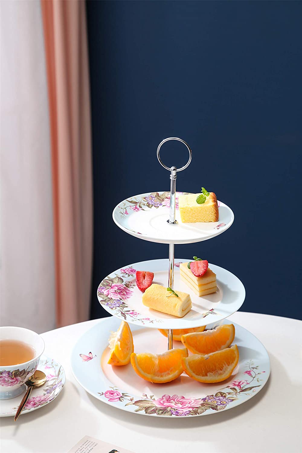 London Boutique 3 Tiered Cake Stands Afternoon tea Porcelain Bird Rose Butterfly in gift box (Blue)