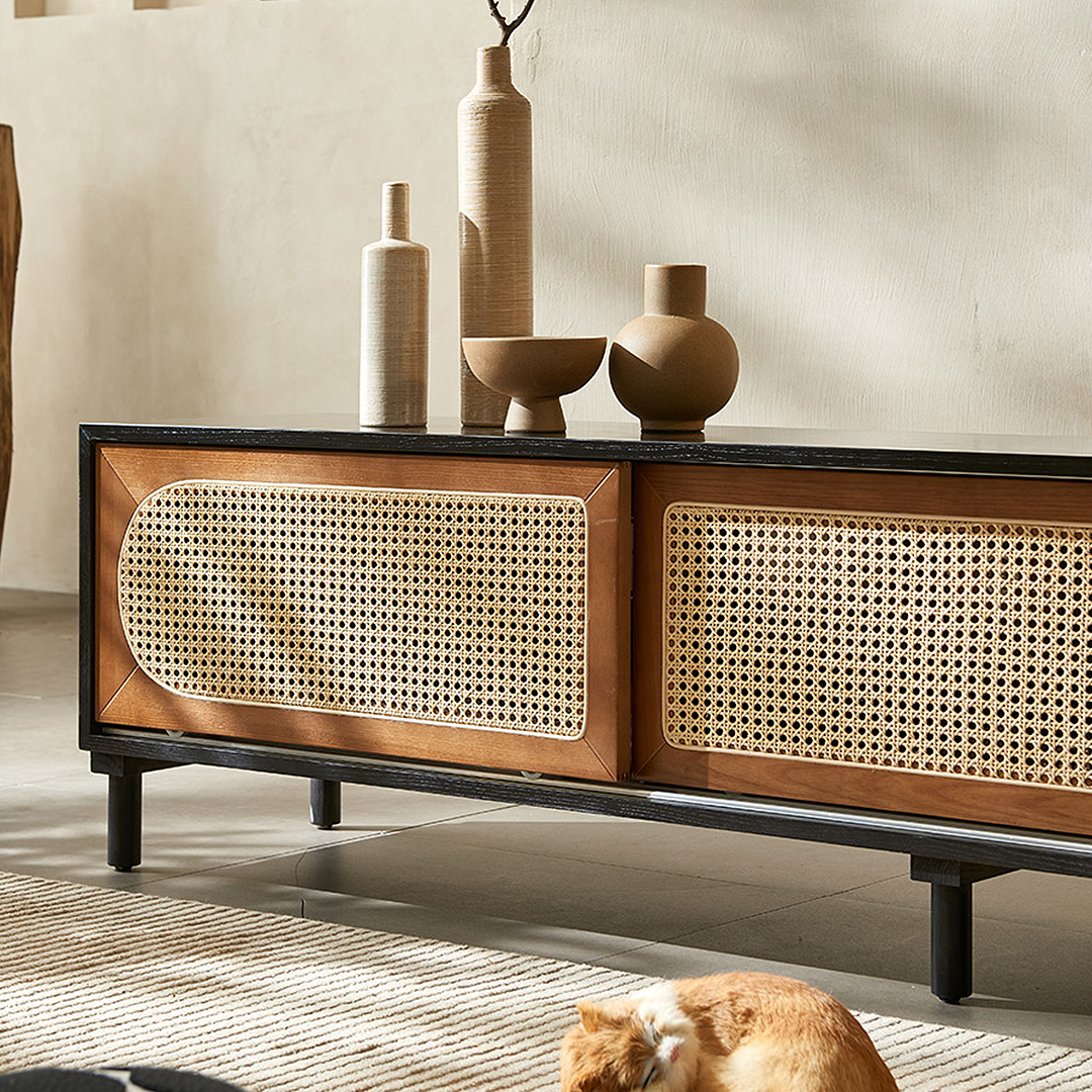 Dogon Rattan TV Stand, Black, Solid Wood