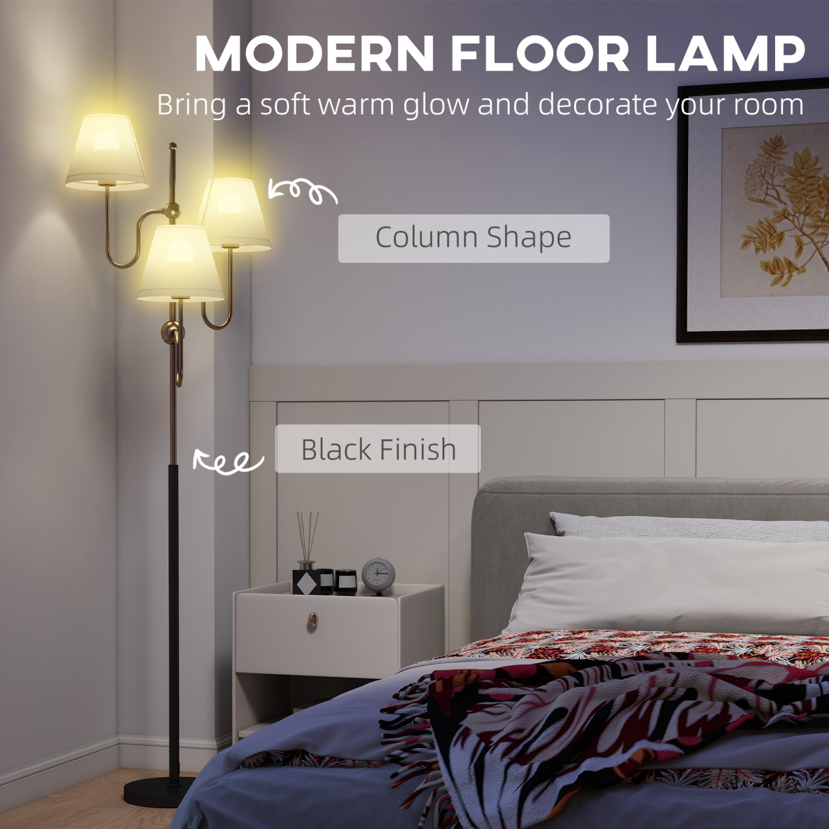 HOMCOM 3-Light Floor Lamp, 165 cm Tall Standing Lamp with Foot Switch