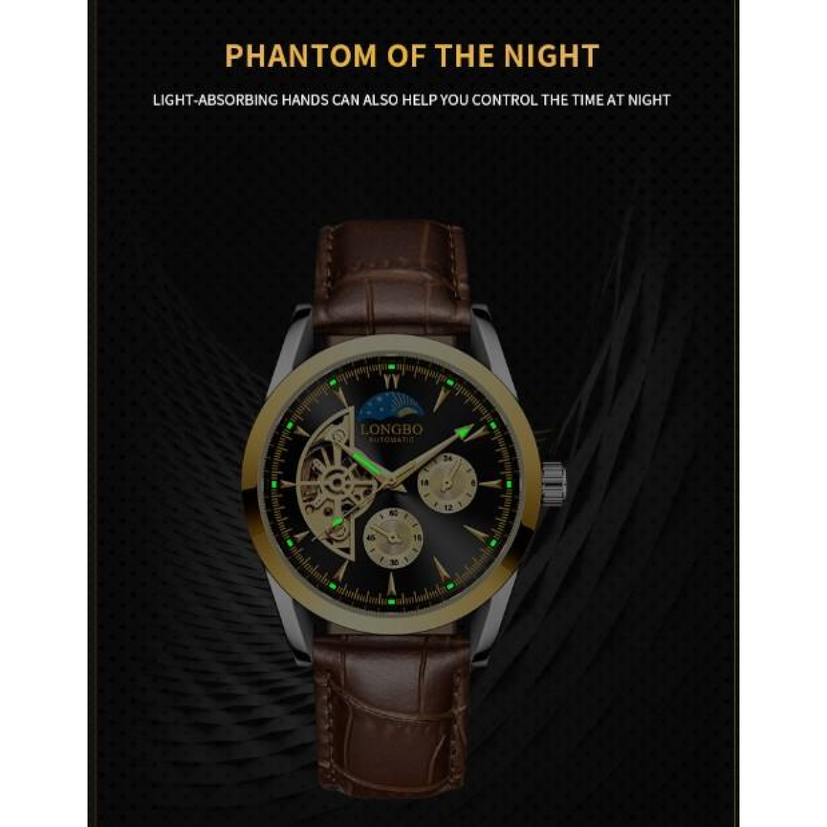 NY London Mens Automatic Hollow mechanical Dial Analogue Gold/Brown Leather Strap Watch