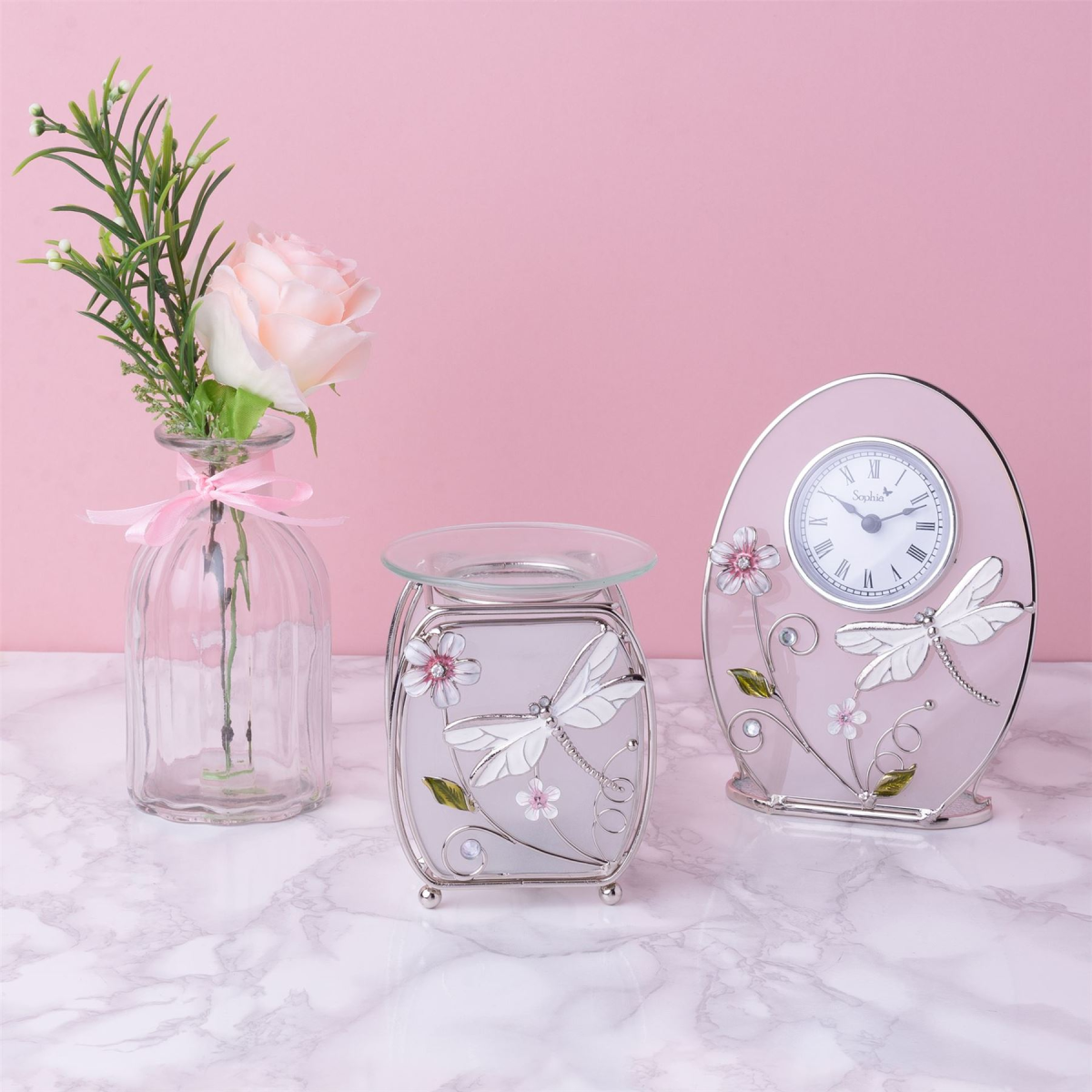 Wm.Widdop Sophia Classic Glass & Wire Dragonfly Mantel Clock