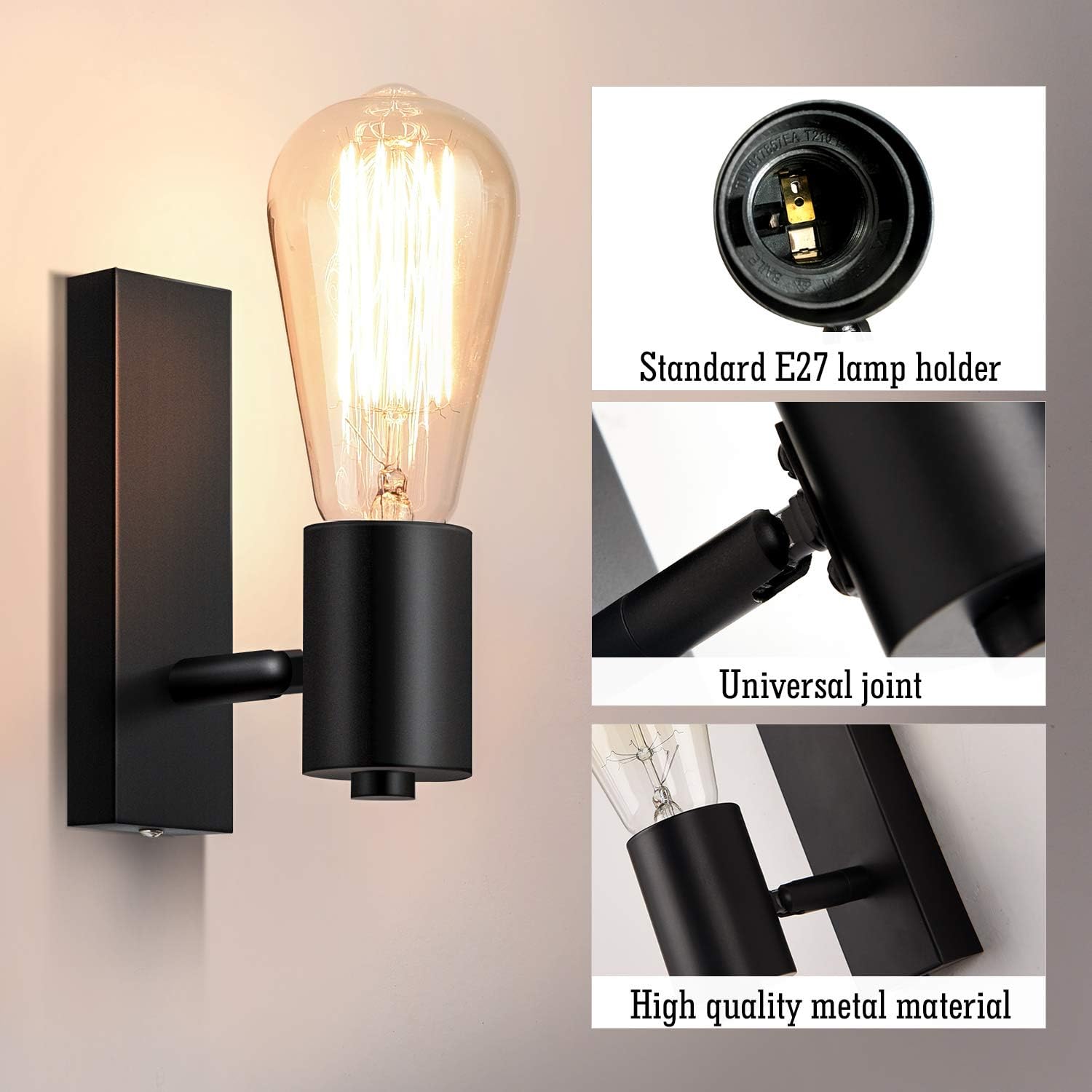 Industrial Wall Lights 2 Pack Rotatable E27 Rustic Wall Sconce Black Lightess