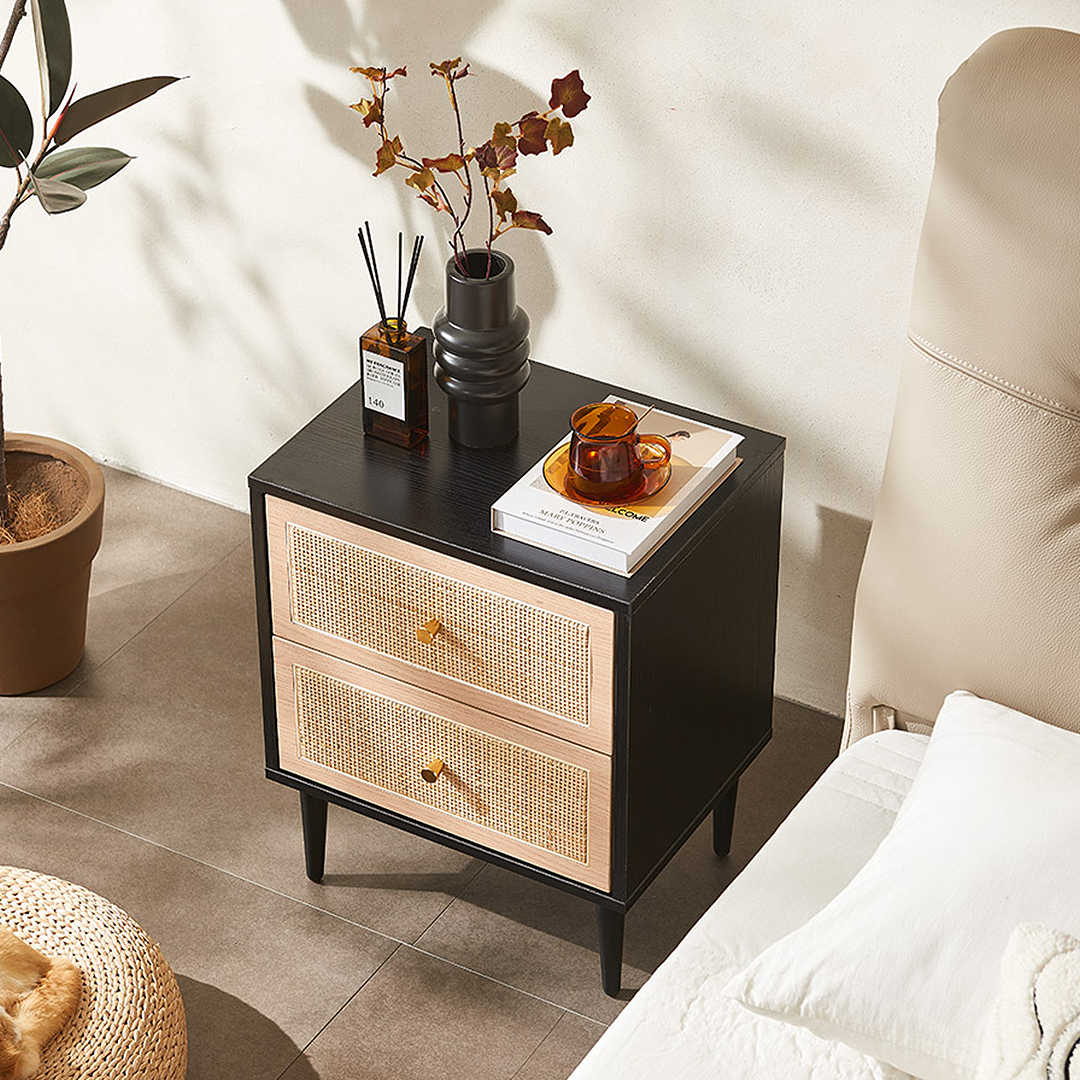 Tsaatan Wood Bedside Table, Rattan, Black