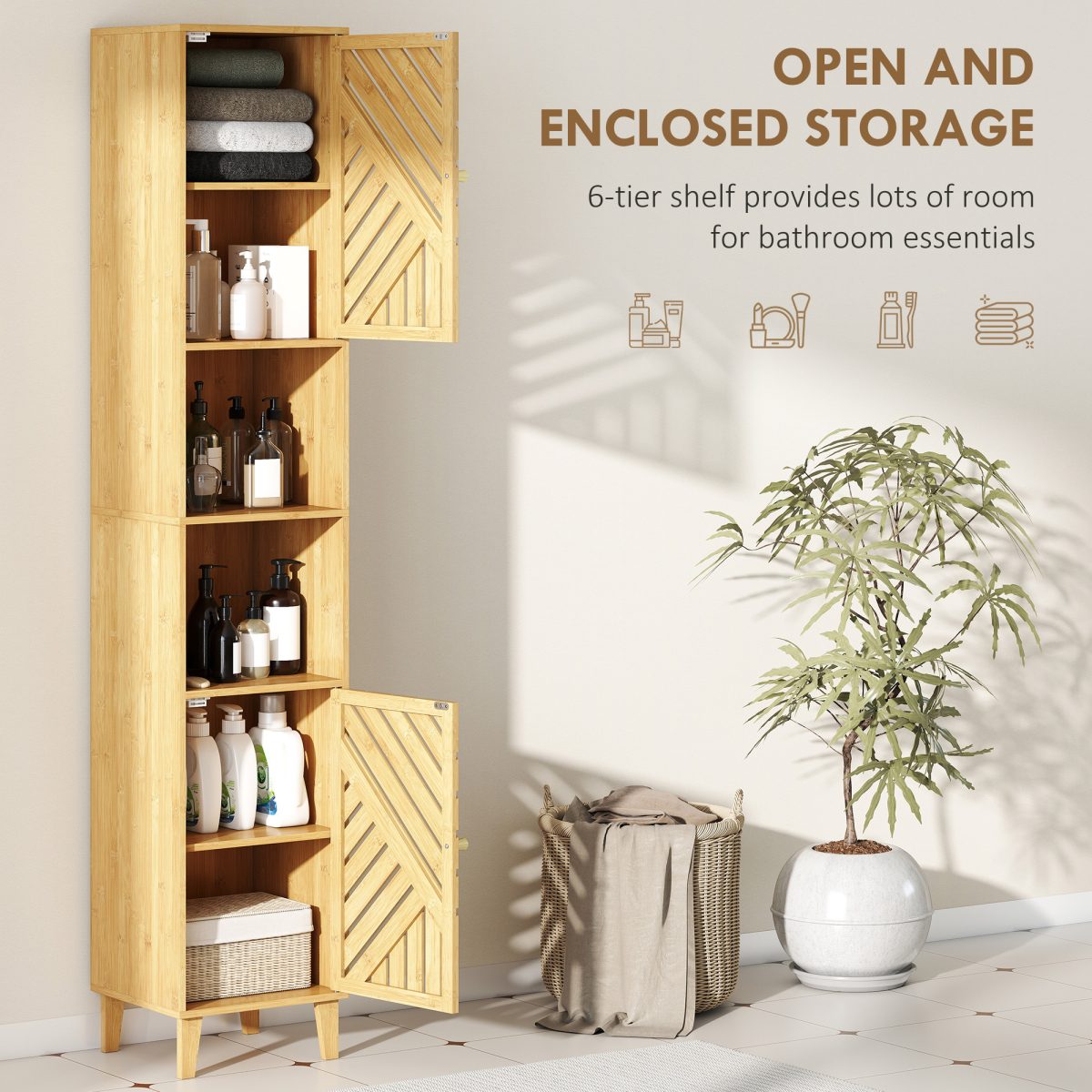 HOMCOM Tall Bathroom Cabinet with Open Compartments and Adjustable Shelves