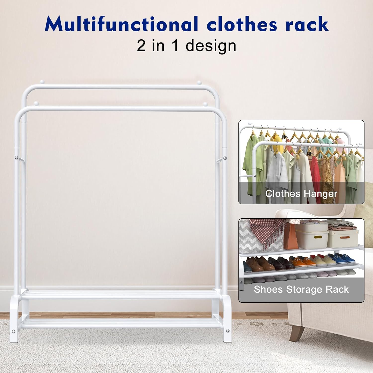 LOEFME 2-Tier Clothes Rail – Double Metal Garment Rack, White