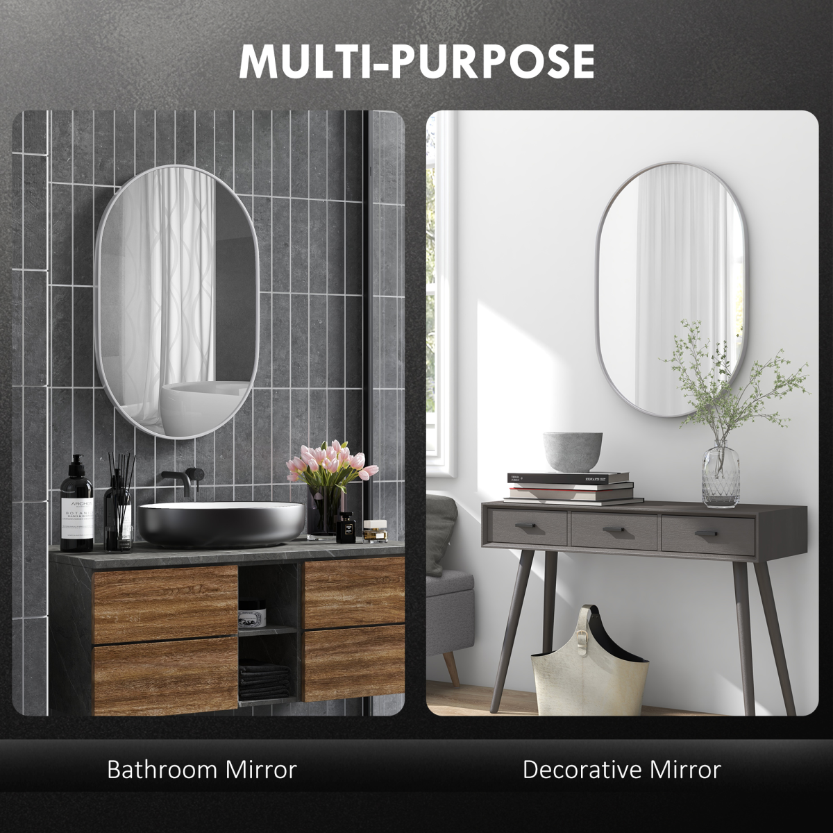 HOMCOM Oval Bathroom Mirror, Modern Wall Tempered Glass Mirror, 60 x 90cm