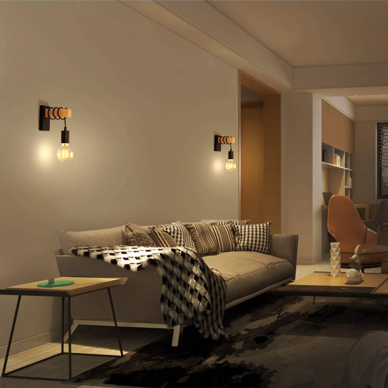 Wooden Wall Light 2 Pack Vintage Industrial E27 Rustic Sconce Black Lightess
