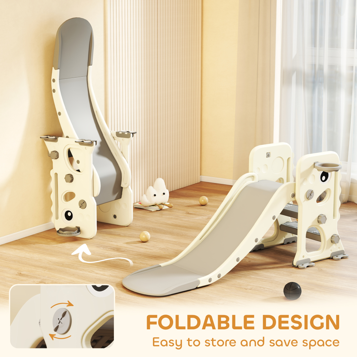 AIYAPLAY Foldable Kids Slide with Climber, Basketball Hoop, Cream White