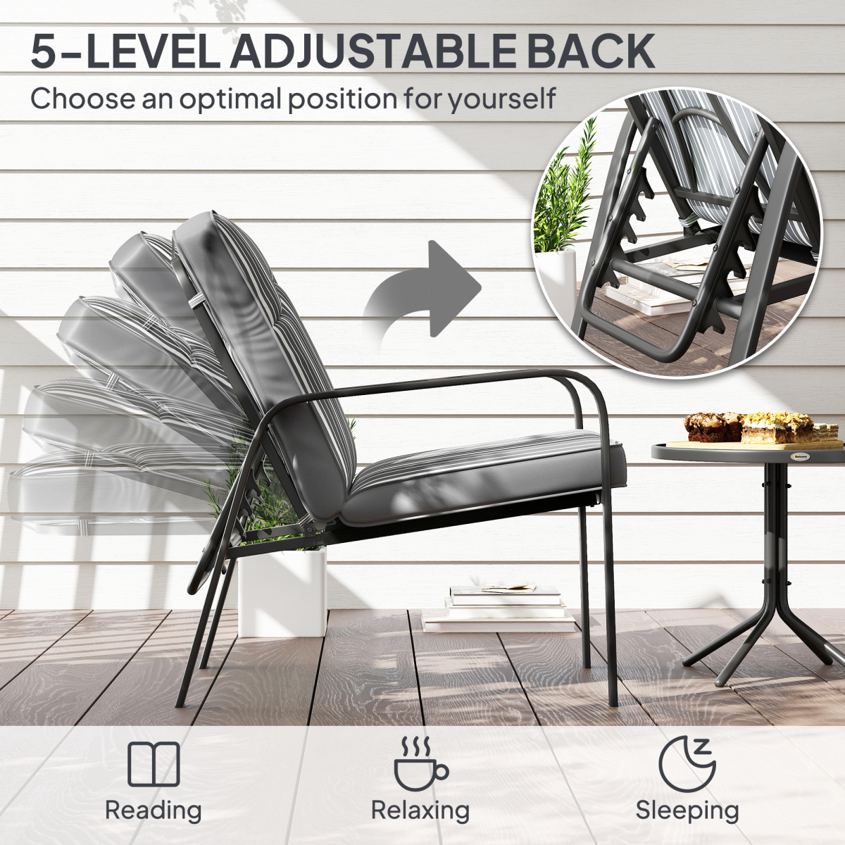 Outsunny 3-Piece Recliner Garden Chairs and Tempered Glass Table Set, Grey